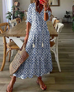 Melina | Women's Geometric Print A-Line Midi Dress with Lantern Sleeves