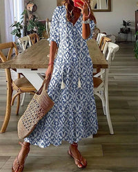 Melina | Women's Geometric Print A-Line Midi Dress with Lantern Sleeves