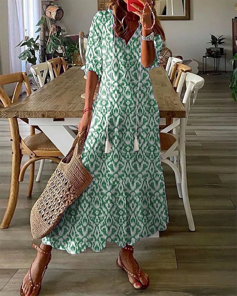 Melina | Women's Geometric Print A-Line Midi Dress with Lantern Sleeves
