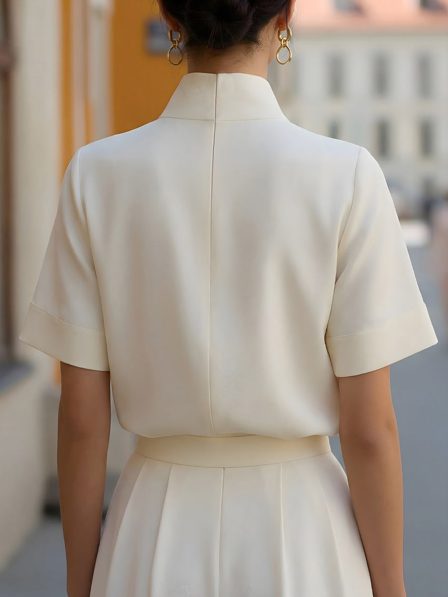 Lentje | Women's Stand Collar Short Sleeve Blouse with Button Front