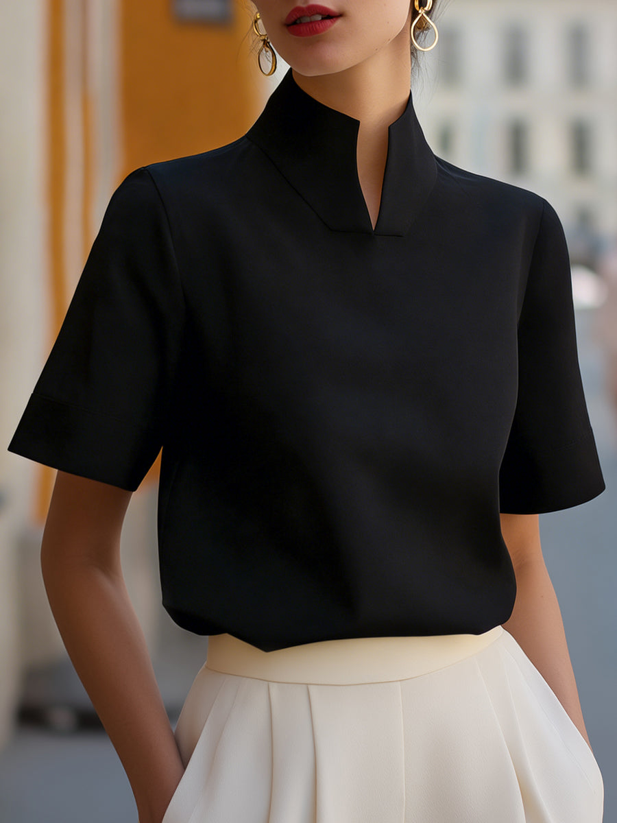 Lentje | Women's Stand Collar Short Sleeve Blouse with Button Front