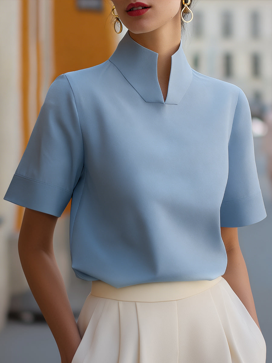 Lentje | Women's Stand Collar Short Sleeve Blouse with Button Front