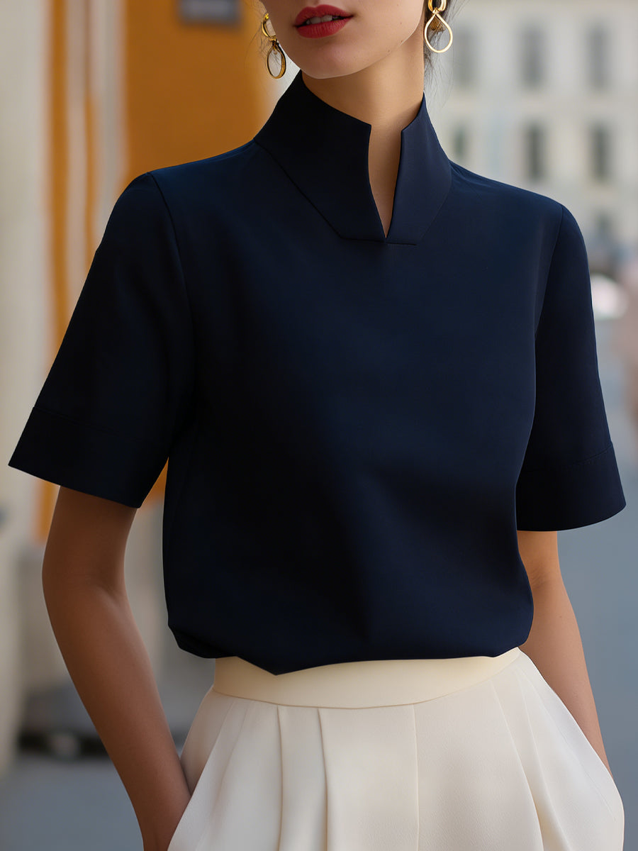 Lentje | Women's Stand Collar Short Sleeve Blouse with Button Front