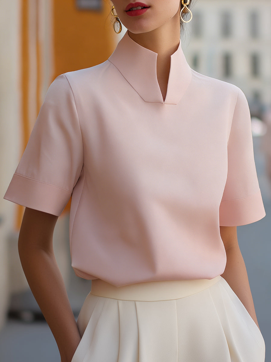 Lentje | Women's Stand Collar Short Sleeve Blouse with Button Front