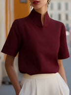 Lentje | Women's Stand Collar Short Sleeve Blouse with Button Front