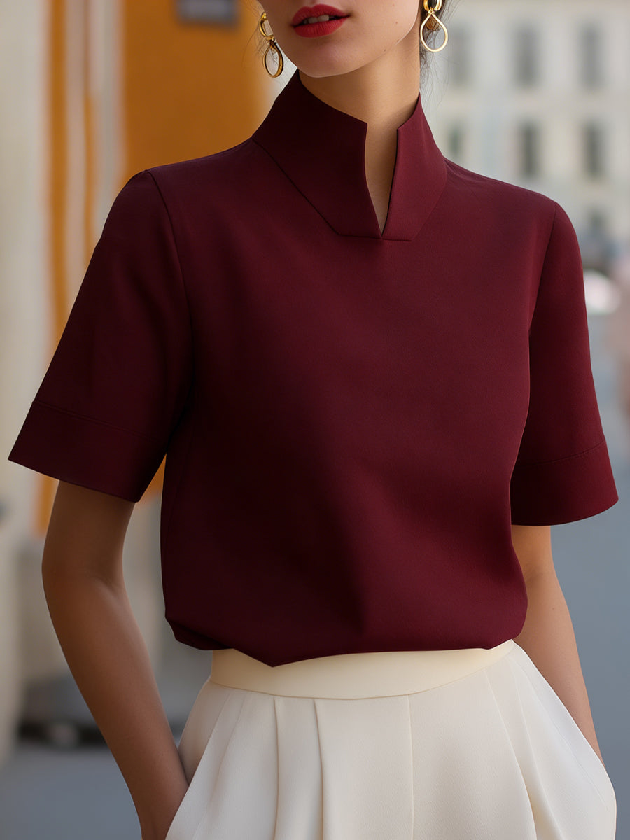 Lentje | Women's Stand Collar Short Sleeve Blouse with Button Front