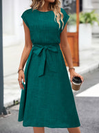 Nadja | Women's Belted A-Line Midi Dress with Cap Sleeves