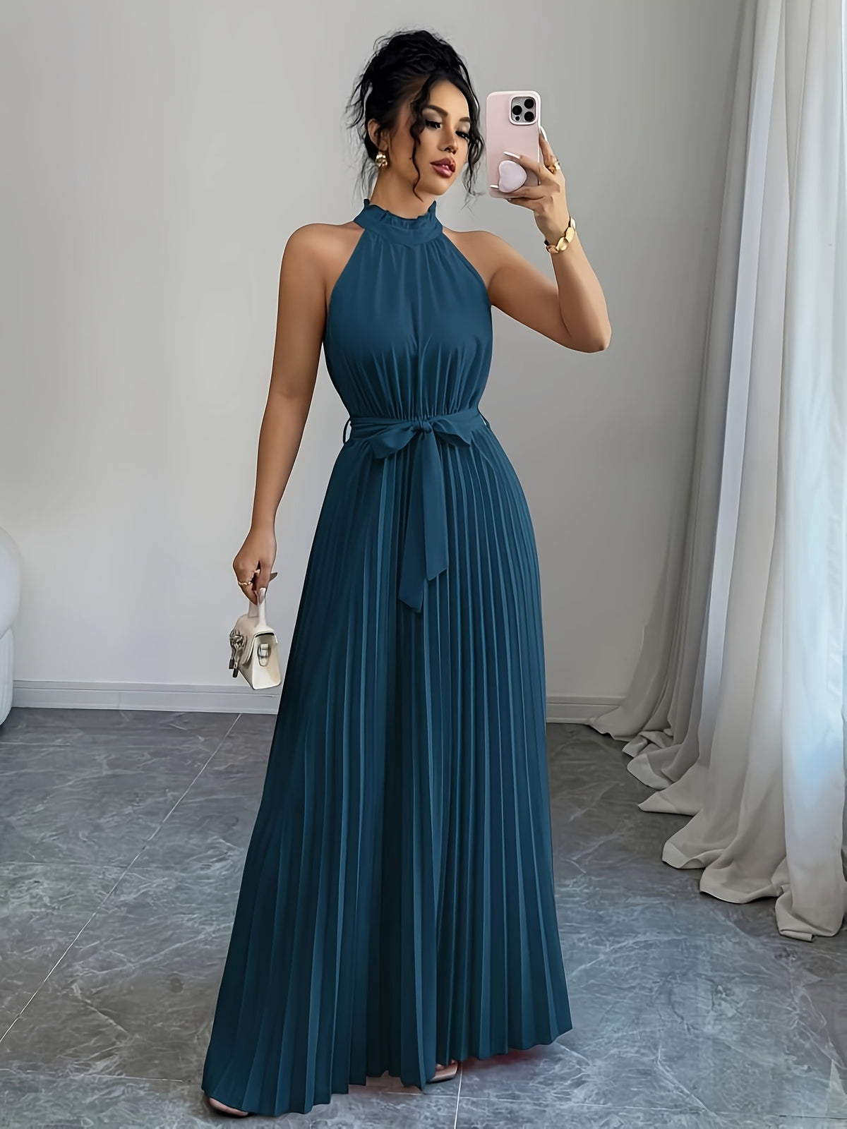 Tara | Women's Cocktail Dress Pleated A-Line Halter Maxi