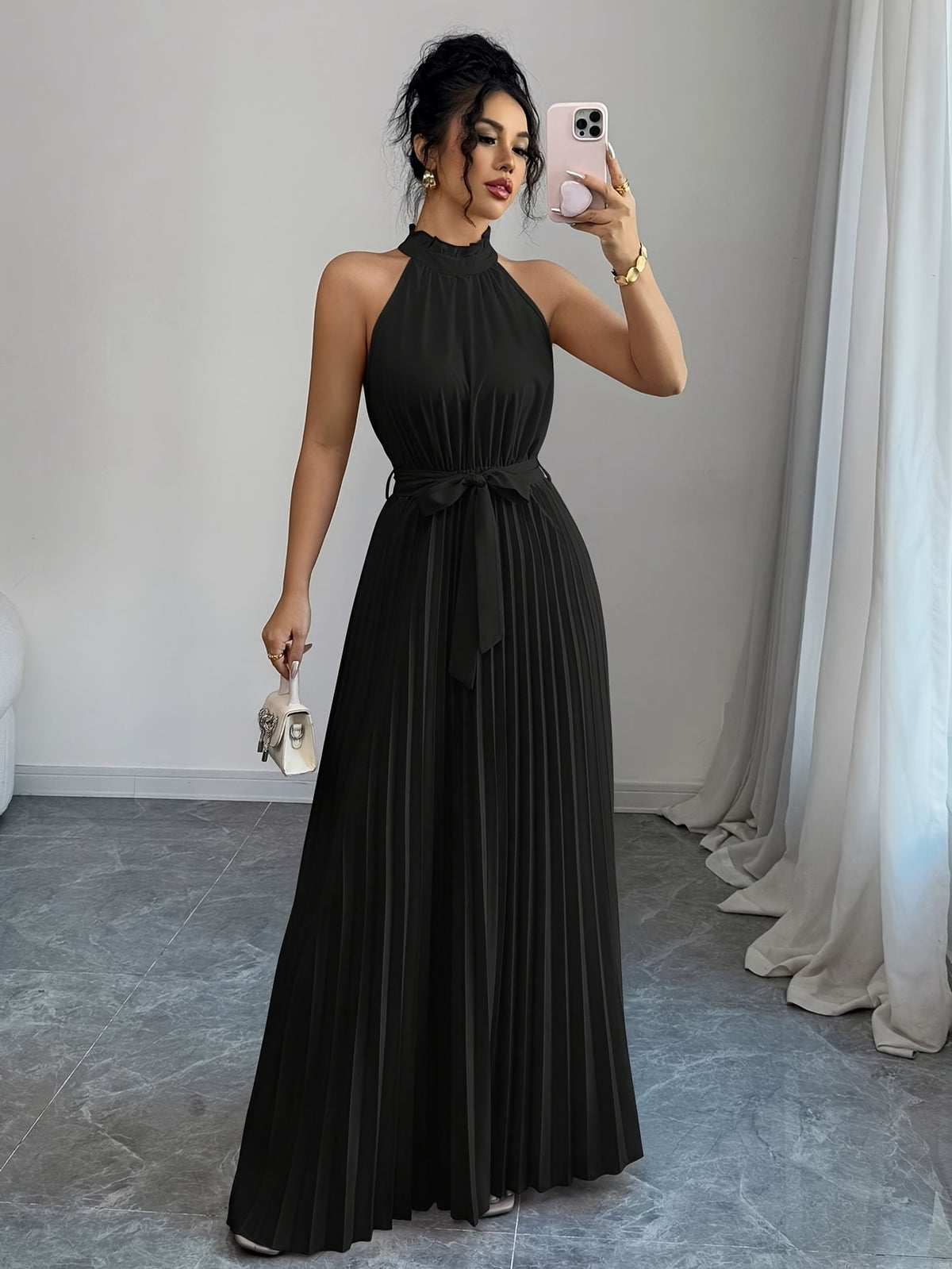 Tara | Women's Cocktail Dress Pleated A-Line Halter Maxi