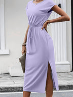Monique | Women's Belted Cap-Sleeve Side-Slit Midi Dress