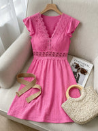 Meret | Women's Floral Lace V-Neck Flutter-Sleeve Midi Dress