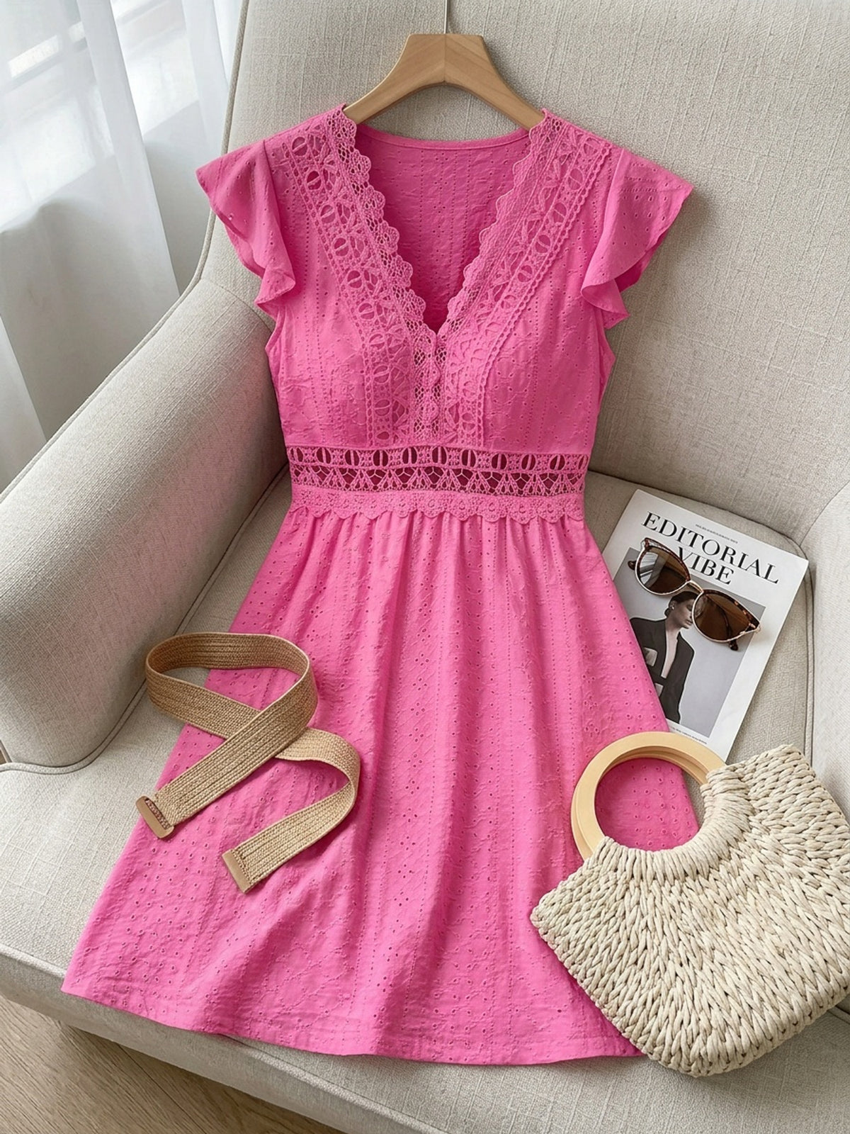 Meret | Women's Floral Lace V-Neck Flutter-Sleeve Midi Dress