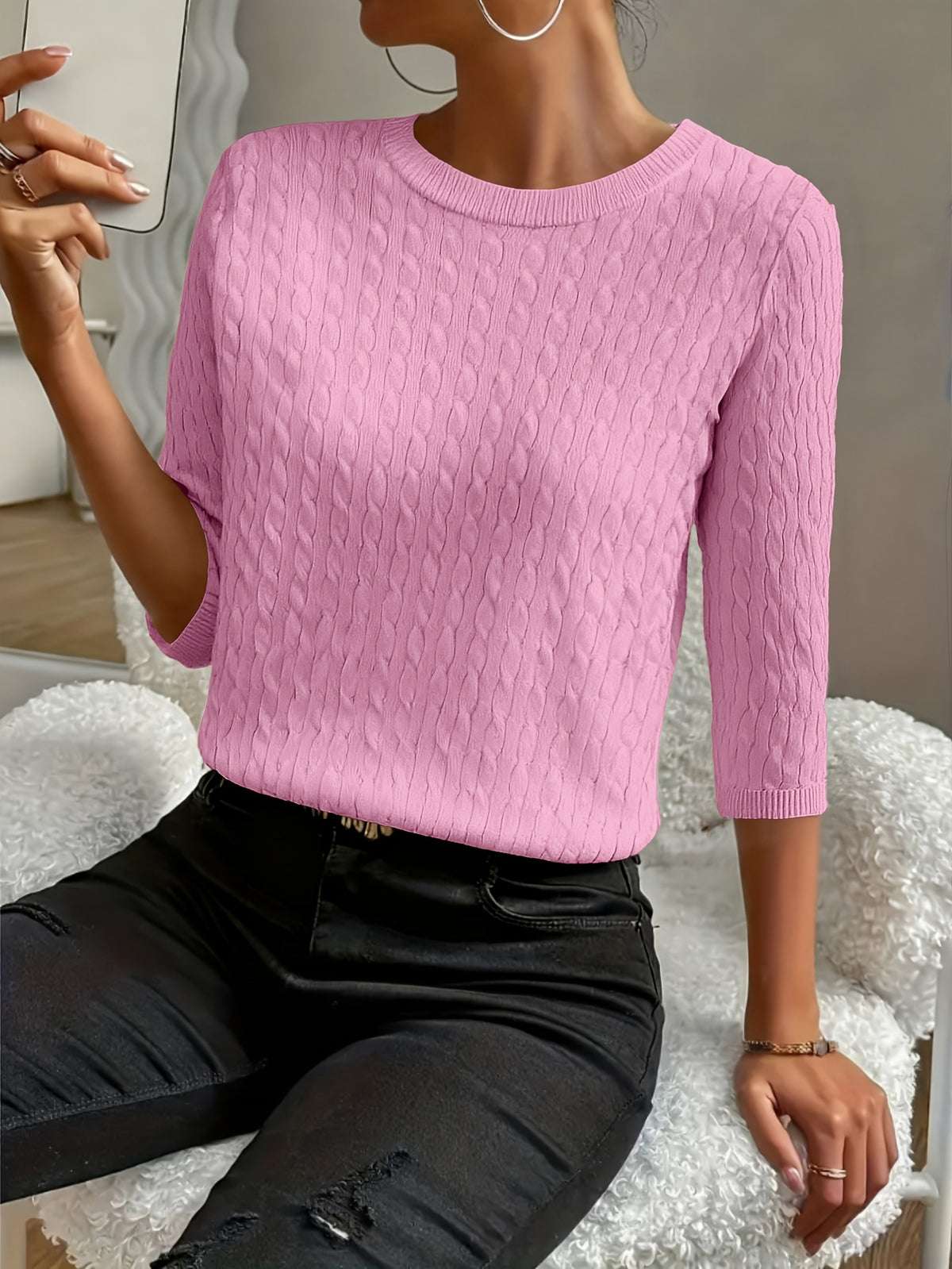 Kristin | Women's Ribbed Crew Neck Three-Quarter Sleeve Sweater