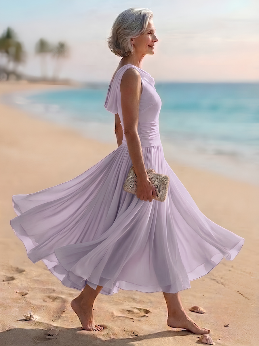 Lise | Women's Cowl-Neck Pleated Ruched Midi Dress