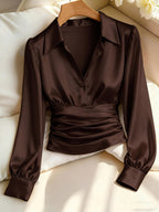 Kelda | Women's Ruched Waist V-Neck Satin Blouse