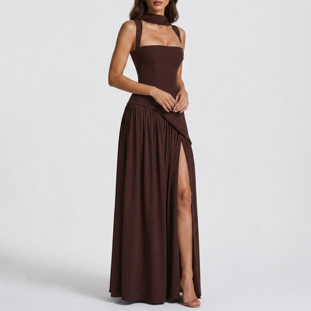 Evelyne | Women's Draped V-Neck Maxi Dress with Side Slit