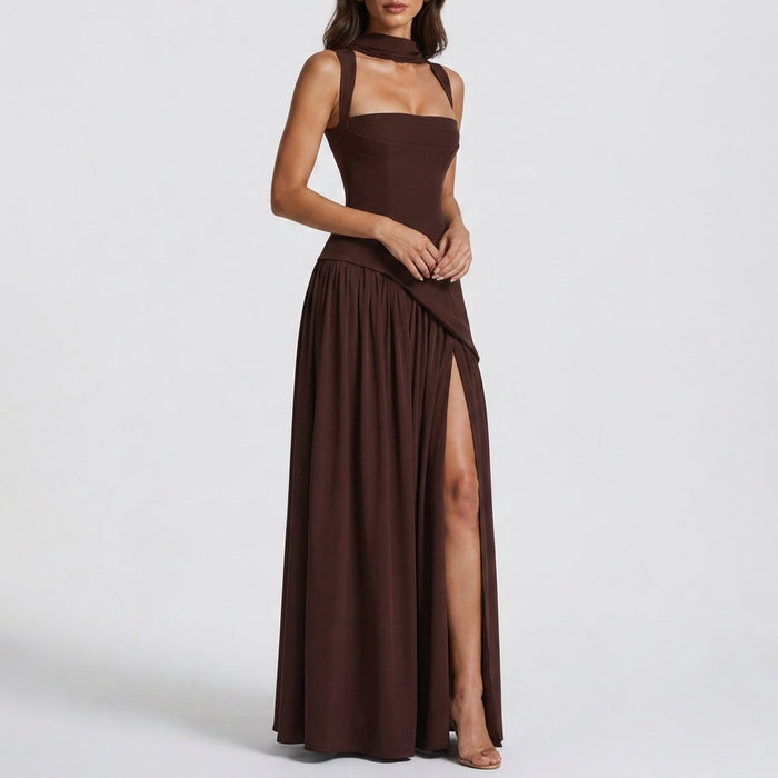 Evelyne | Women's Draped V-Neck Maxi Dress with Side Slit