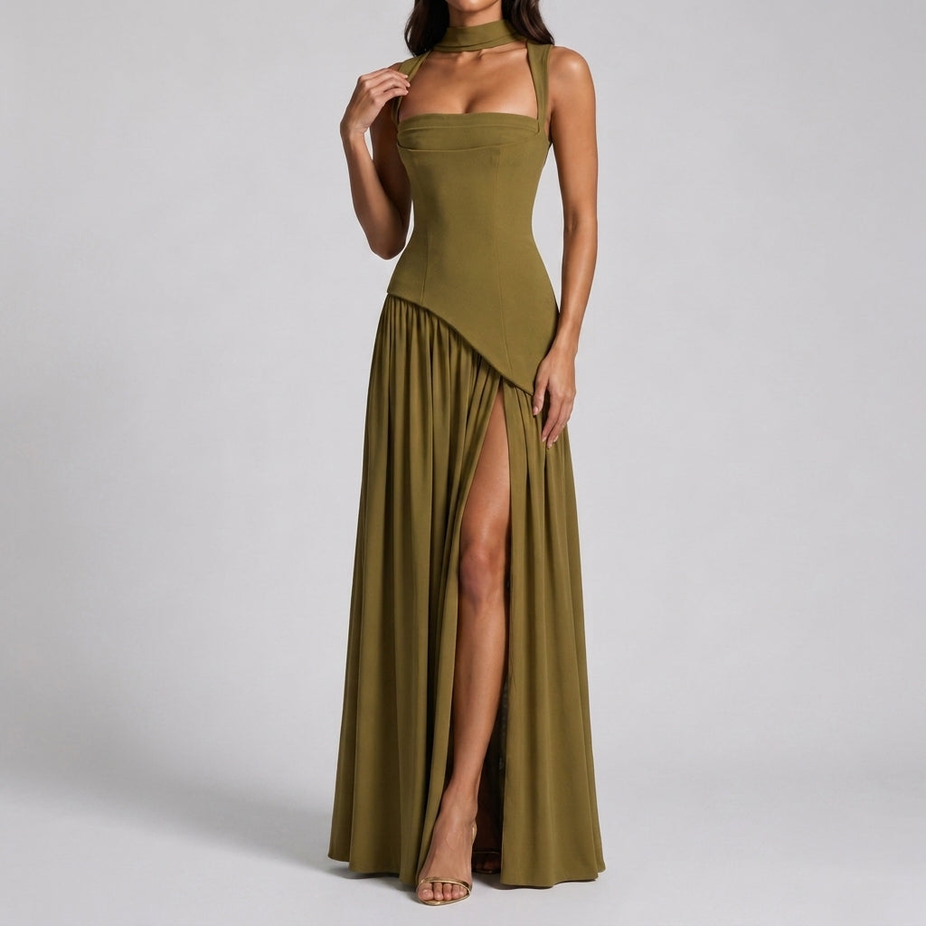 Evelyne | Women's Draped V-Neck Maxi Dress with Side Slit