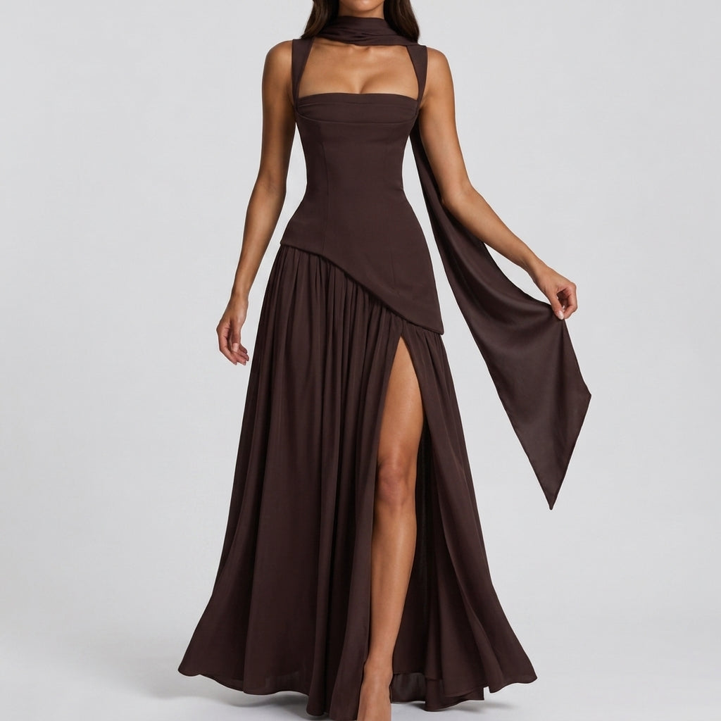 Evelyne | Women's Draped V-Neck Maxi Dress with Side Slit