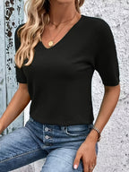 Hilde | Women's Ribbed V-Neck Half-Sleeve Knit Top