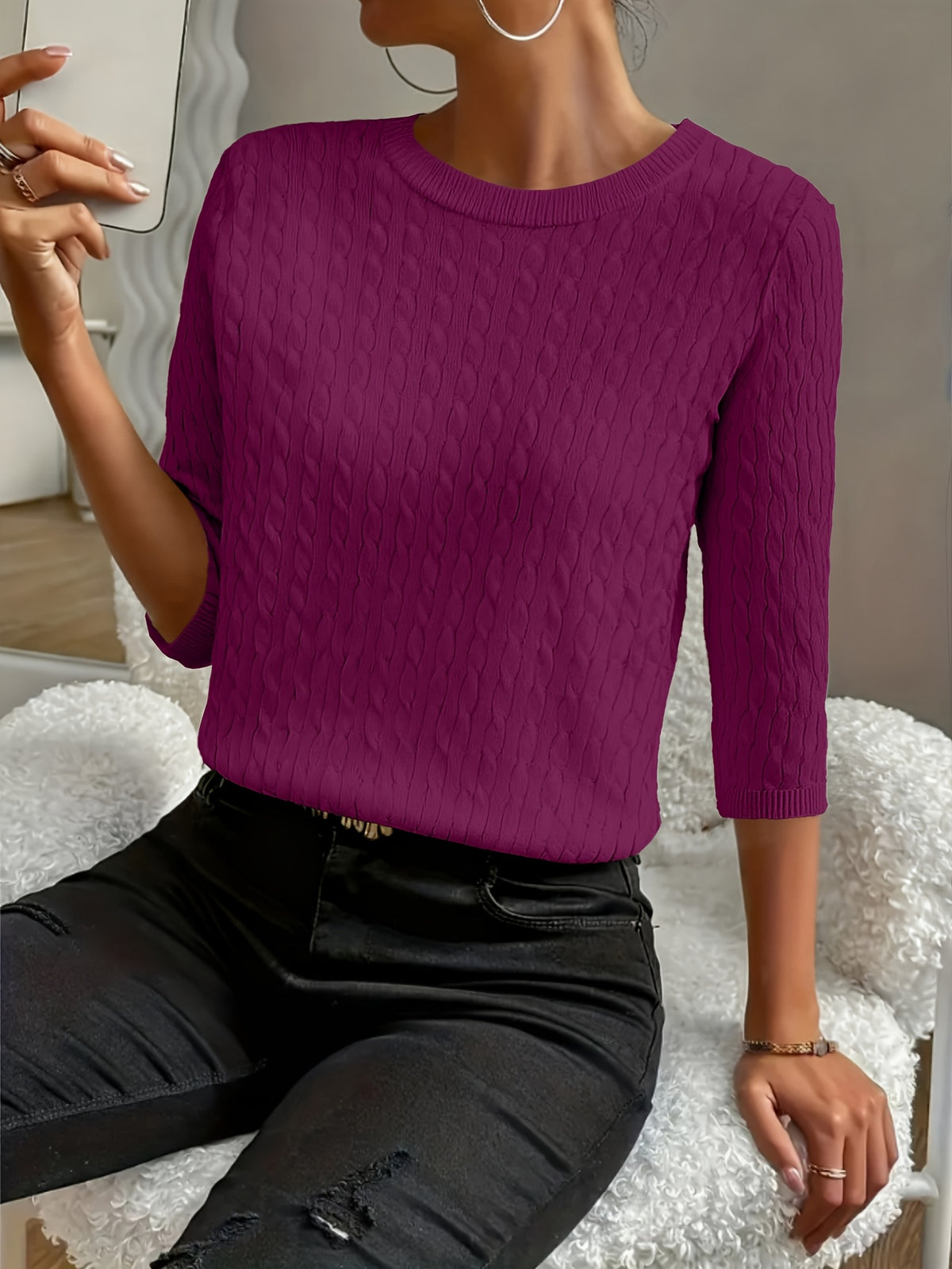 Kristin | Women's Ribbed Crew Neck Three-Quarter Sleeve Sweater