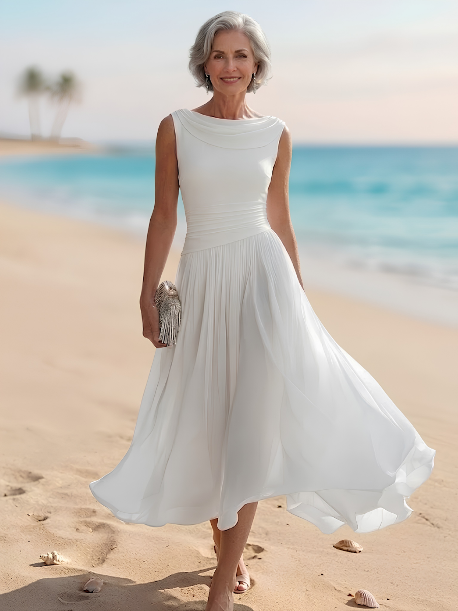 Lise | Women's Cowl-Neck Pleated Ruched Midi Dress