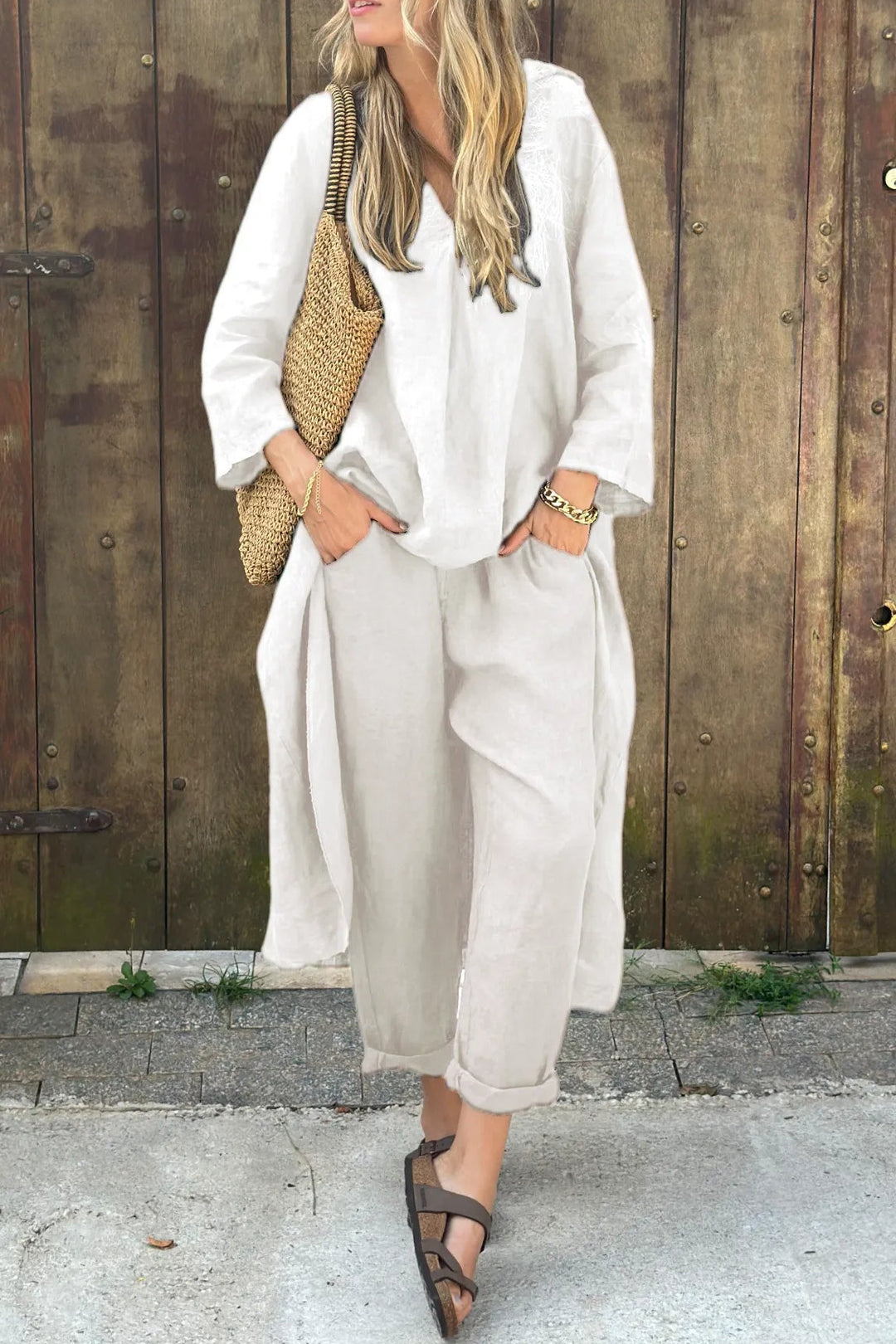 Rieke | Women's Relaxed Long Sleeve Shirt and Wide-Leg Pants Two-Piece Set