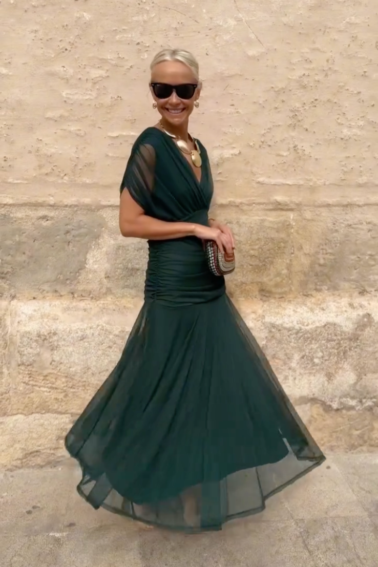 Anette | Women's V-Neck Pleated Waist Maxi Dress