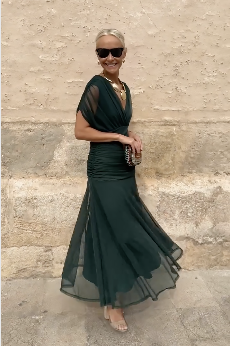 Anette | Women's V-Neck Pleated Waist Maxi Dress