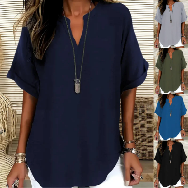 Arianne | Women's V-Neck Short Sleeve Relaxed Fit Blouse