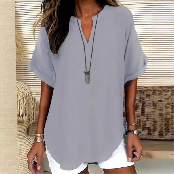 Arianne | Women's V-Neck Short Sleeve Relaxed Fit Blouse