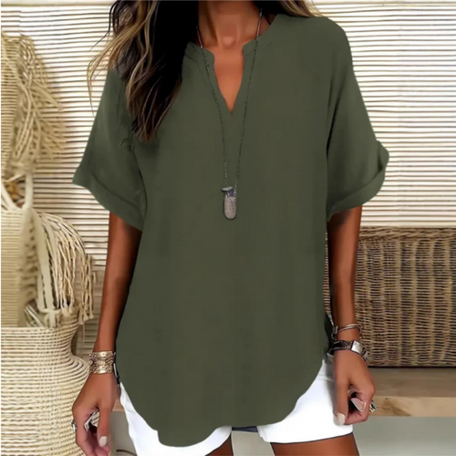 Arianne | Women's V-Neck Short Sleeve Relaxed Fit Blouse