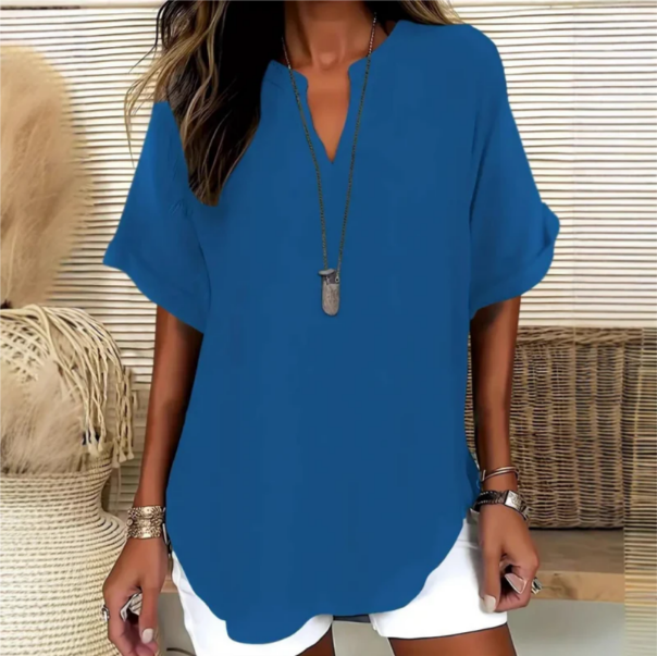 Arianne | Women's V-Neck Short Sleeve Relaxed Fit Blouse