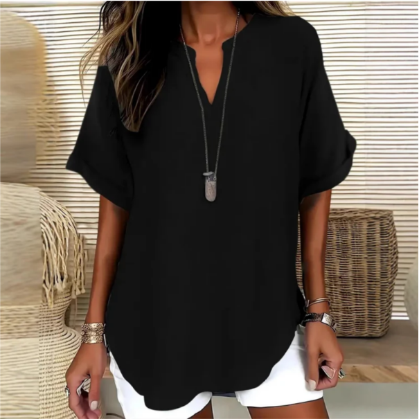 Arianne | Women's V-Neck Short Sleeve Relaxed Fit Blouse