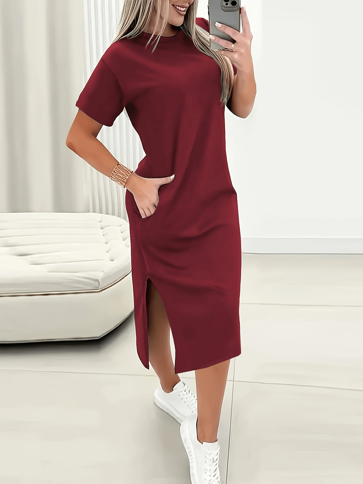 Elvira | Women's Round Neck Slit Midi T-Shirt Dress