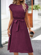 Nadja | Women's Belted A-Line Midi Dress with Cap Sleeves