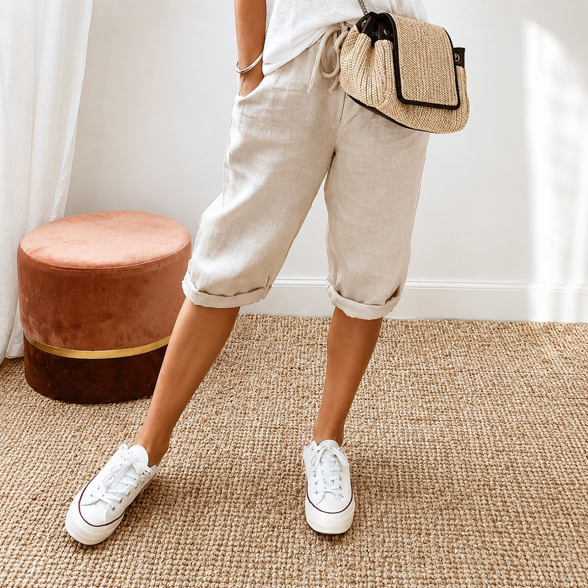 Elena | Women's High-Waist Cropped Trousers with Drawstring Waist