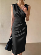 Maline | Women's Draped V-Neck Satin Midi Dress