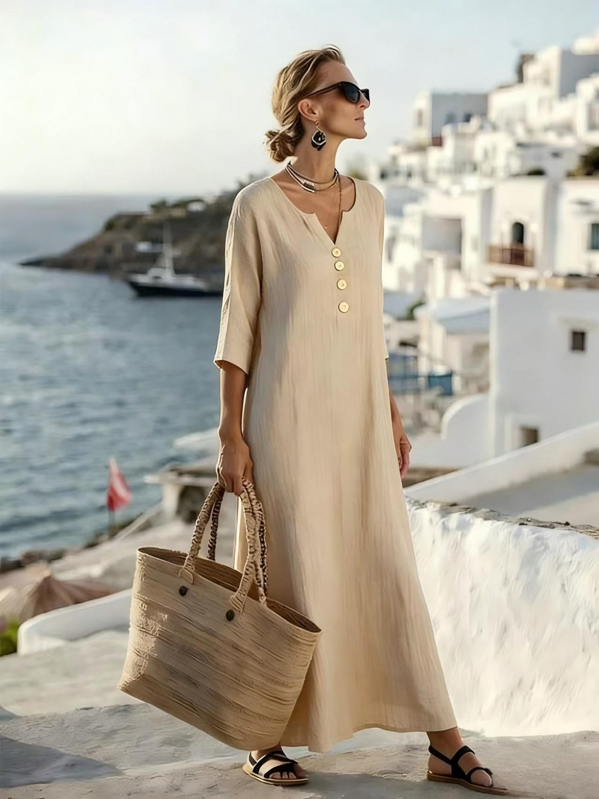 Trine | Women's Button-Front Maxi Dress with 3/4 Sleeves