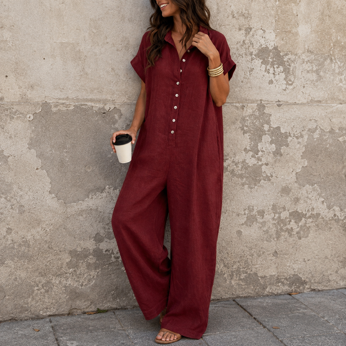 Naomi | Women's Wide-Leg Button-Front Shirt Collar Jumpsuit