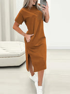 Elvira | Women's Round Neck Slit Midi T-Shirt Dress