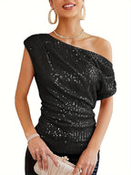 Renata | Women's Sequin One-Shoulder Lace Corset Top