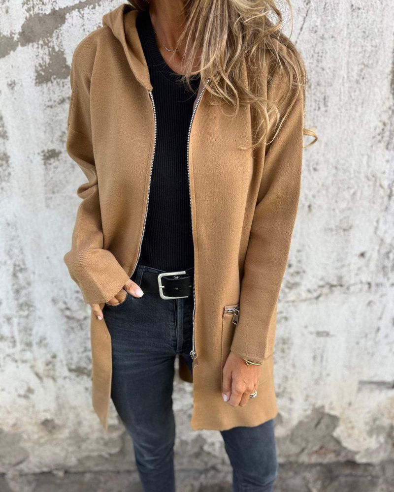 Wieke | Women's Hooded Long Cardigan with Zip Front and Long Sleeves