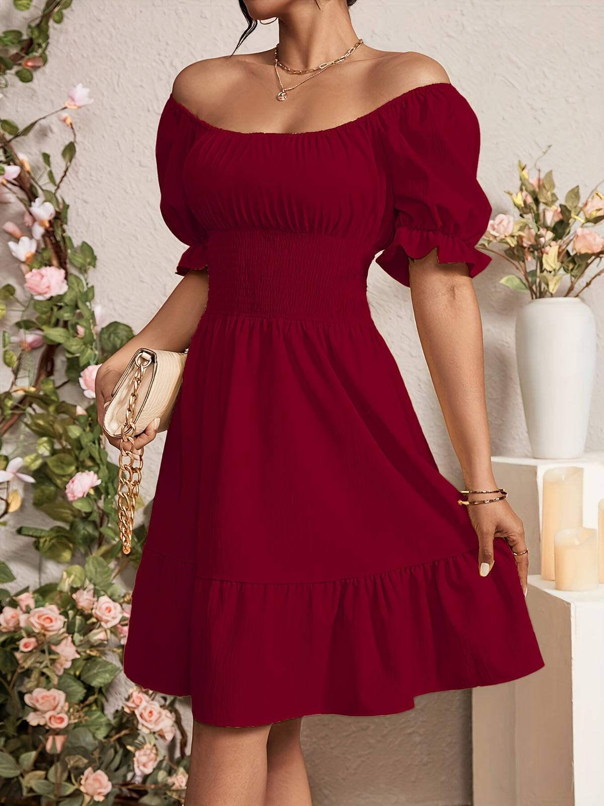 Mieke | Women's Square-Neck Puff-Sleeve A-Line Midi Dress
