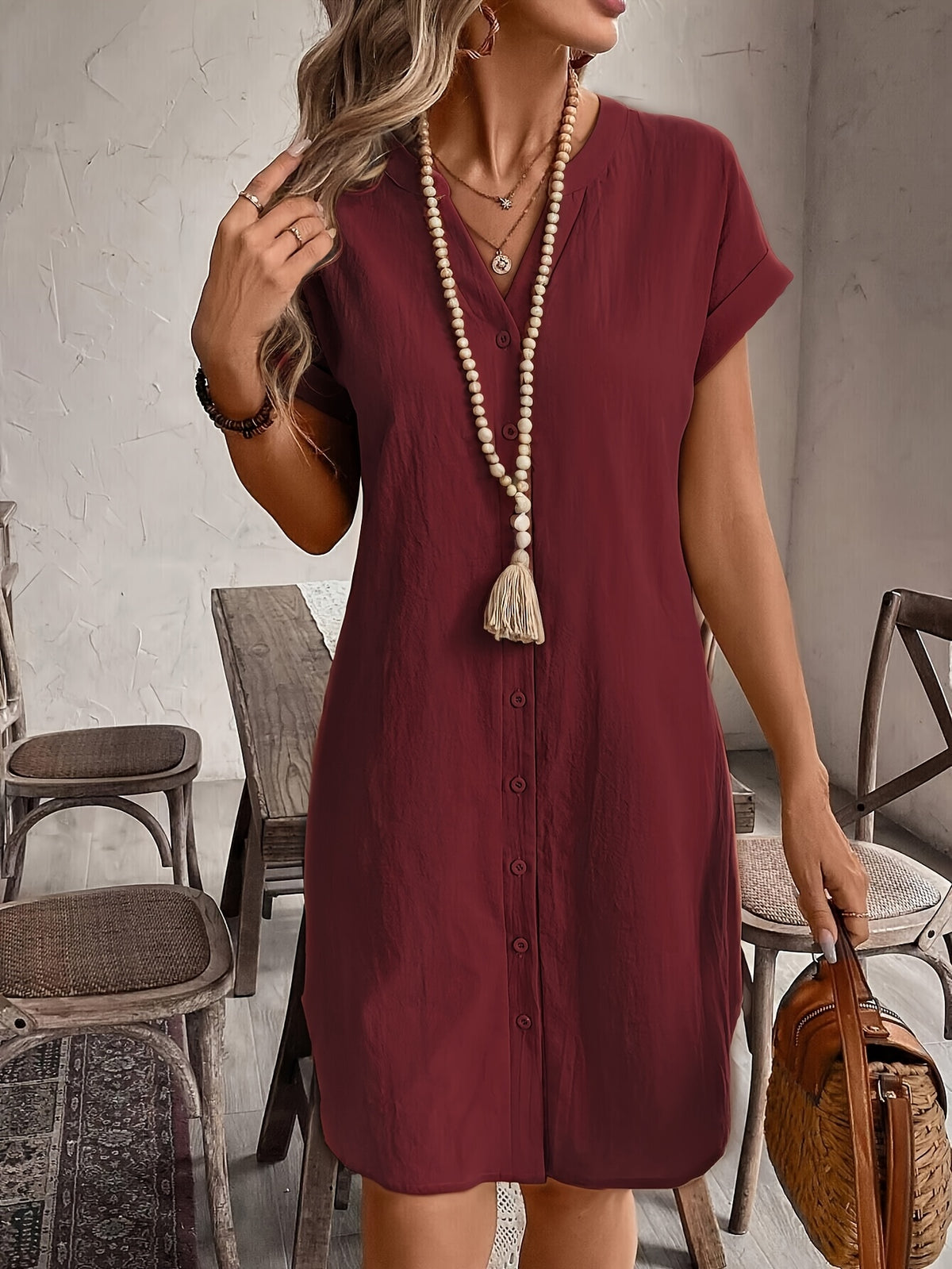 Simone | Women's Button-Front V-Neck Mini Dress