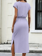 Monique | Women's Belted Cap-Sleeve Side-Slit Midi Dress