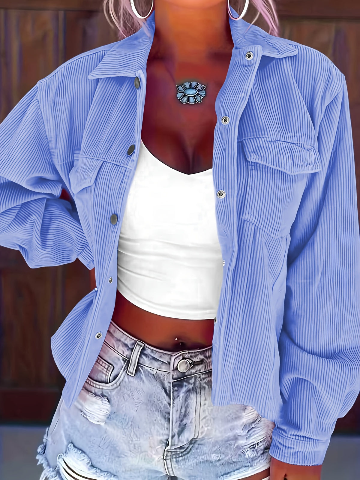 Denise | Women's Ribbed Corduroy Shacket with Flap Pockets