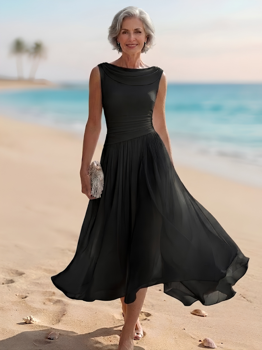 Lise | Women's Cowl-Neck Pleated Ruched Midi Dress