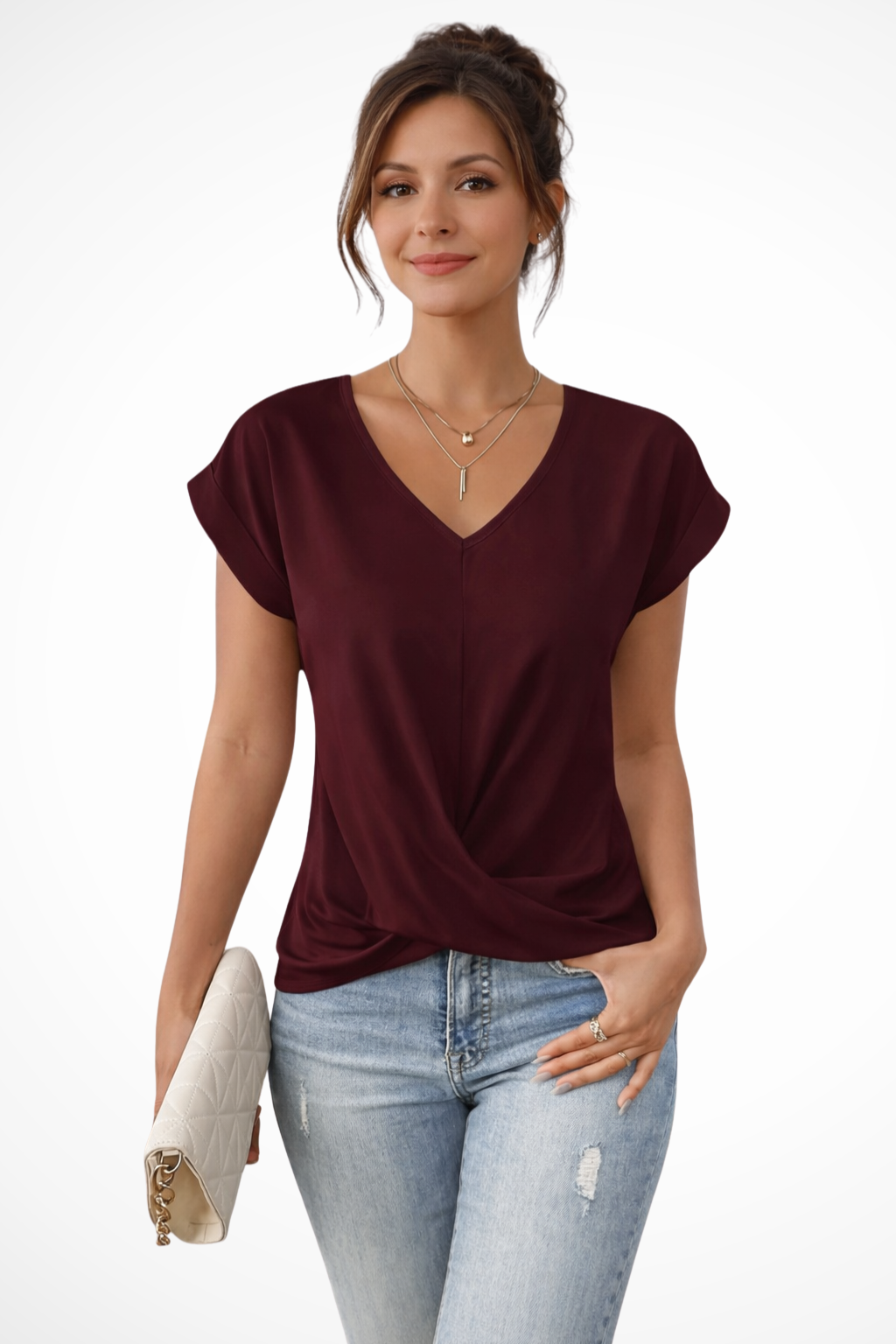 Vevina | Women's V-Neck Short Sleeve Blouse with Twist-Front