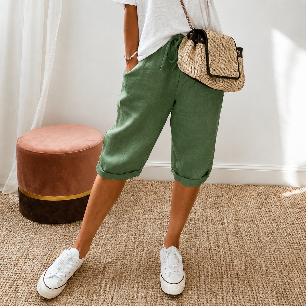 Elena | Women's High-Waist Cropped Trousers with Drawstring Waist